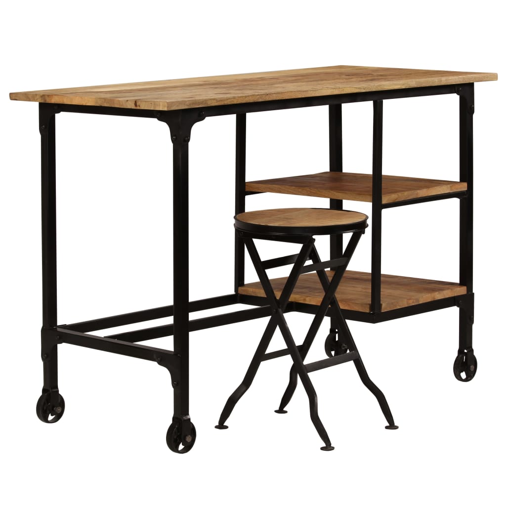 Scrivania con Sgabello Pieghevole in Legno di Mango 115x50x76cm