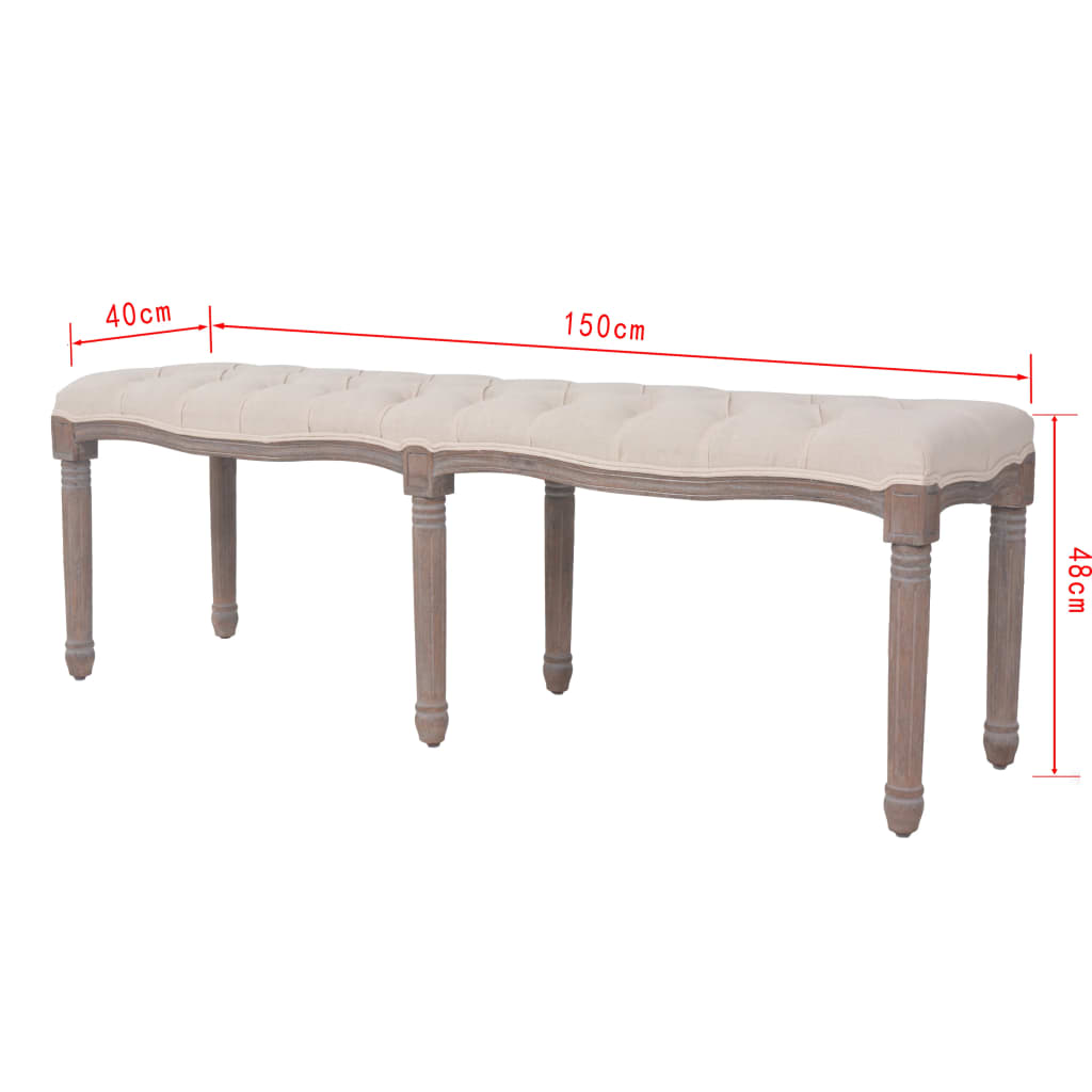 Panca in Legno Massello e Lino 150x40x48 cm Bianco Crema | homemem39
