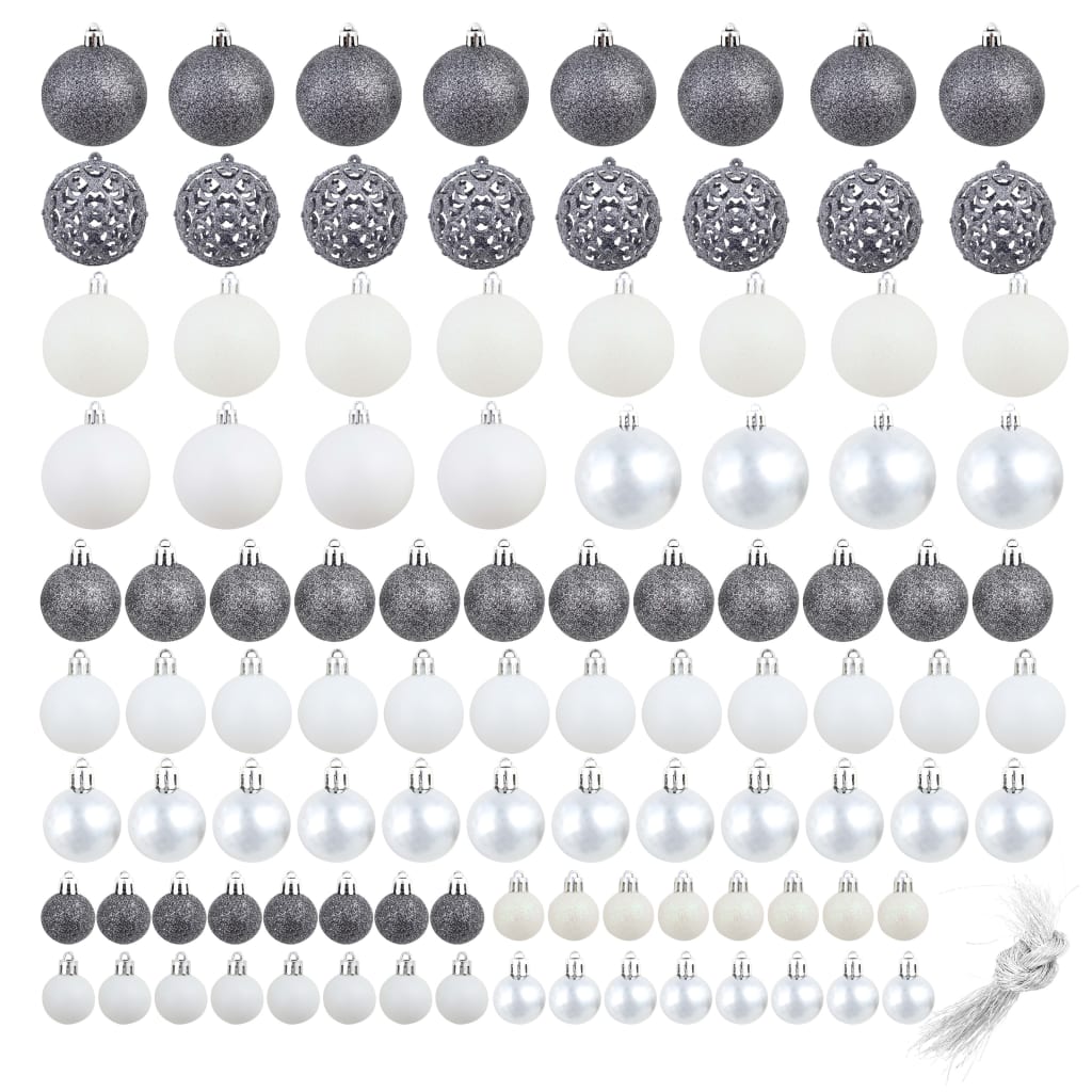 Set Palline di Natale 100 pz 3/4/6 cm Bianco/Grigio | homemem39