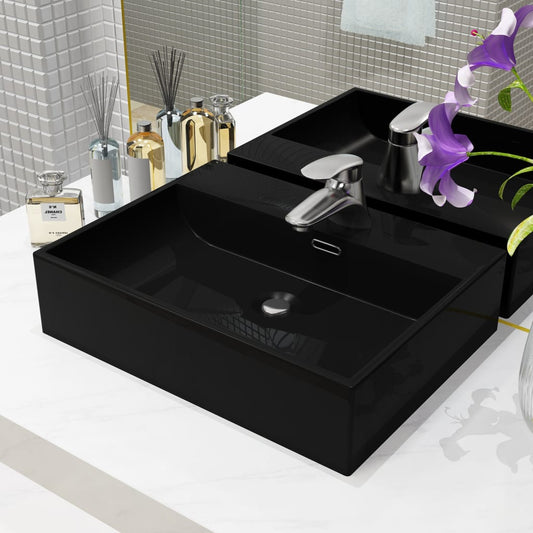 Lavandino con Foro Rubinetto in Ceramica Nero 51,5x38,5x15 cm - homemem39