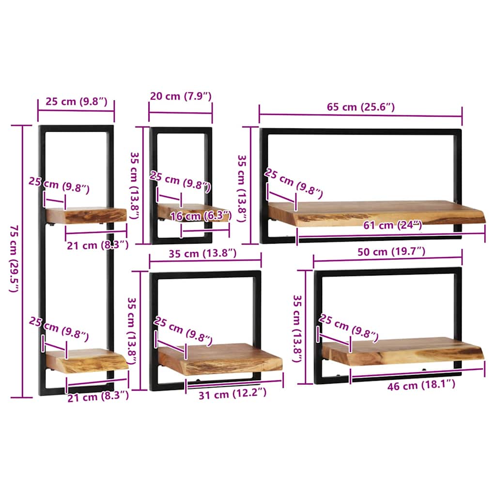 Set di Mensole 5 pz in Legno Massello di Acacia e Acciaio | homemem39