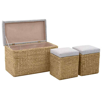 Panca e 2 Pouf in Giunco Grigio
