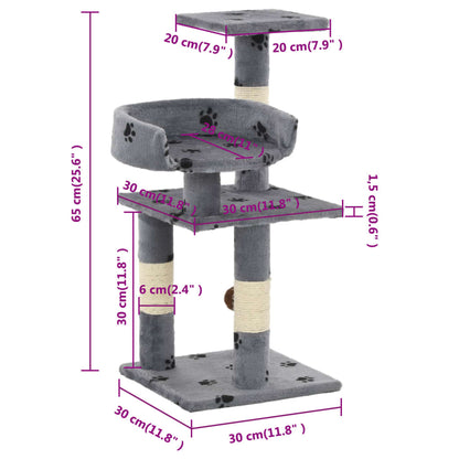 Albero per Gatti Tiragraffi in Sisal 65 cm Zampe Stampate Grigio | homemem39