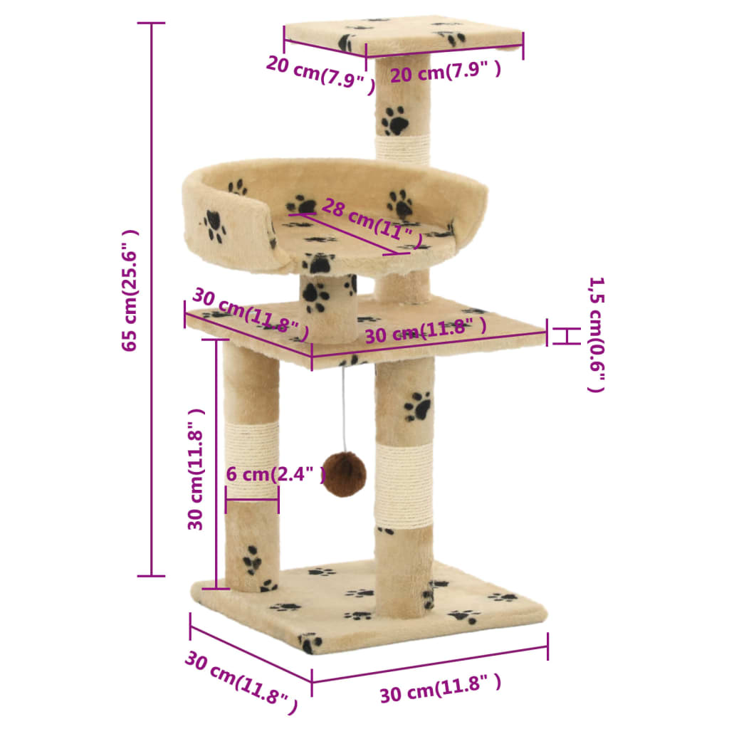 Albero per Gatti Tiragraffi in Sisal 65 cm Zampe Stampate Beige | homemem39
