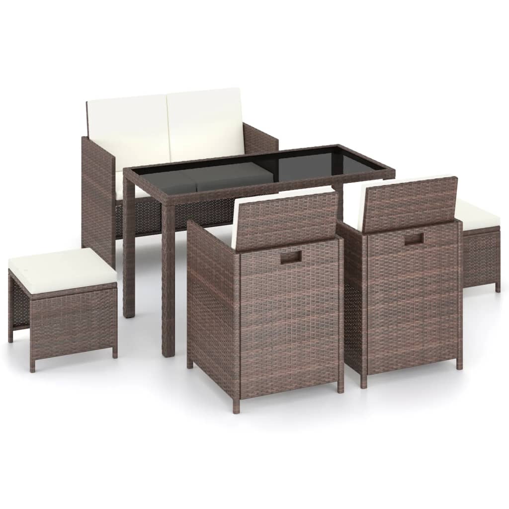 Set da Pranzo da Giardino 6 pz con Cuscini Polyrattan Marrone | homemem39