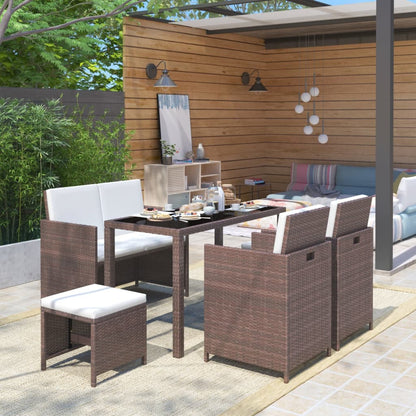 Set da Pranzo da Giardino 6 pz con Cuscini Polyrattan Marrone | homemem39