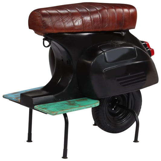 vidaXL Black Scooter Bar Chair in Real Leather and Reclaimed Solid Wood