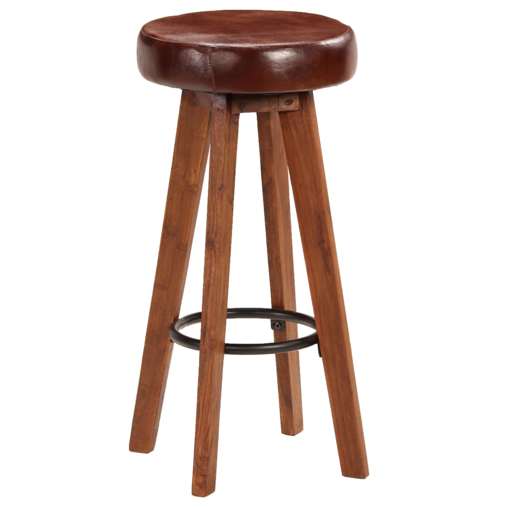 Bar Stools 2 pcs in Genuine Leather and Solid Acacia Wood