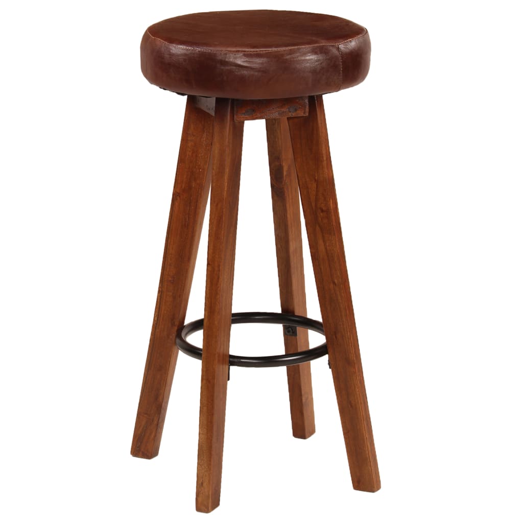 Bar Stools 2 pcs in Genuine Leather and Solid Acacia Wood