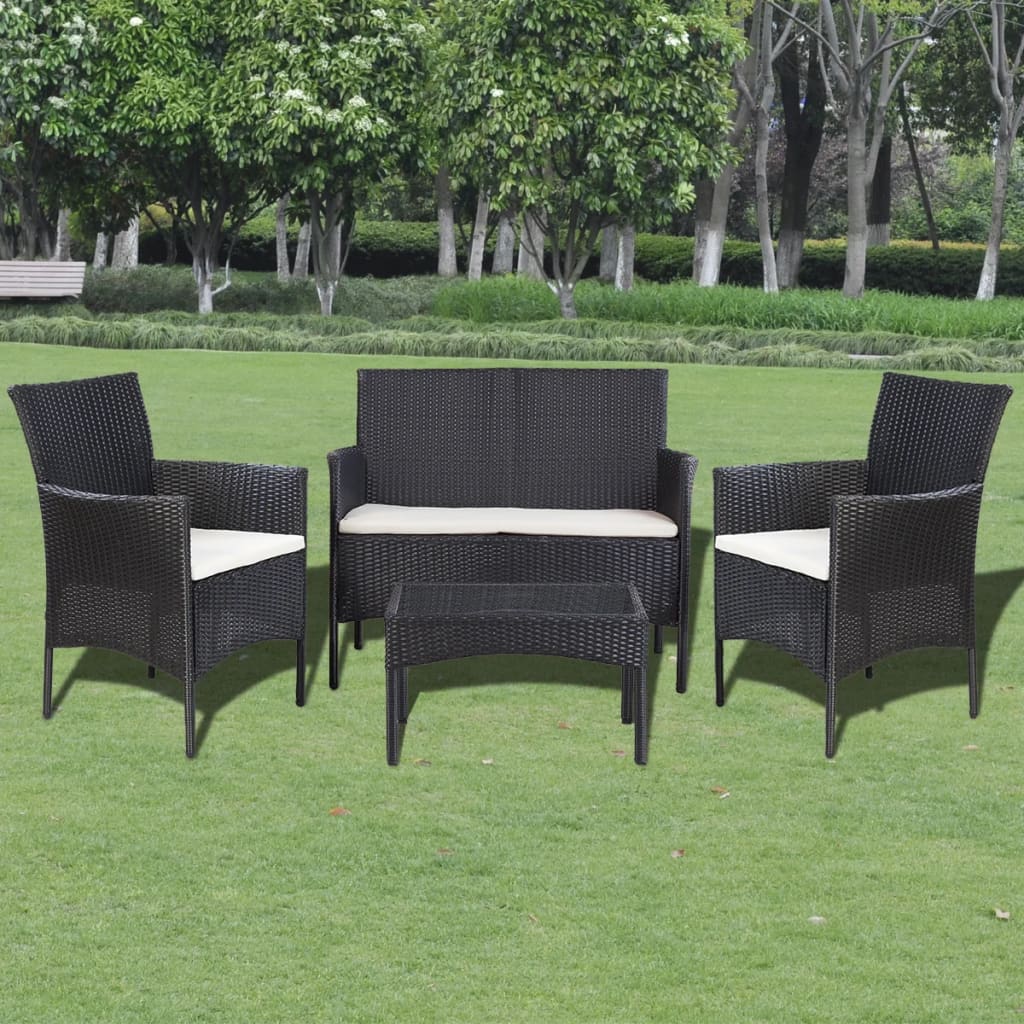 Set Divani da Giardino 4 pz con Cuscini in Polyrattan Nero | homemem39