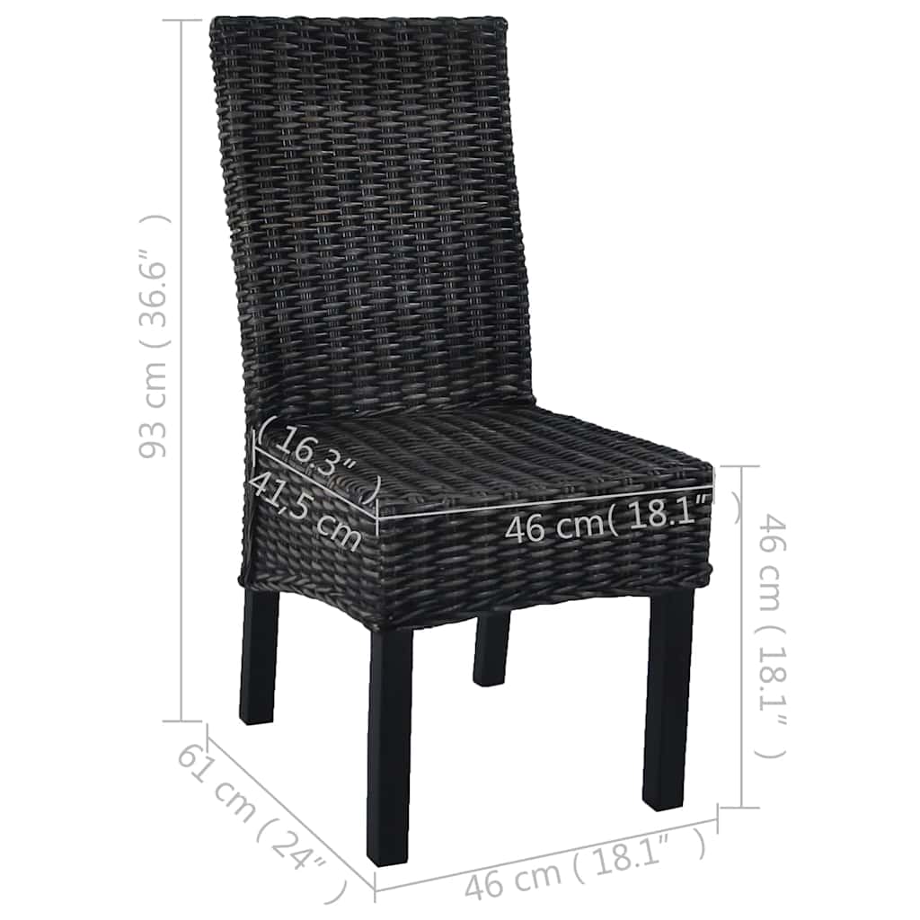 Sedie da Pranzo 2 pz Nere in Rattan Kubu e Legno di Mogano