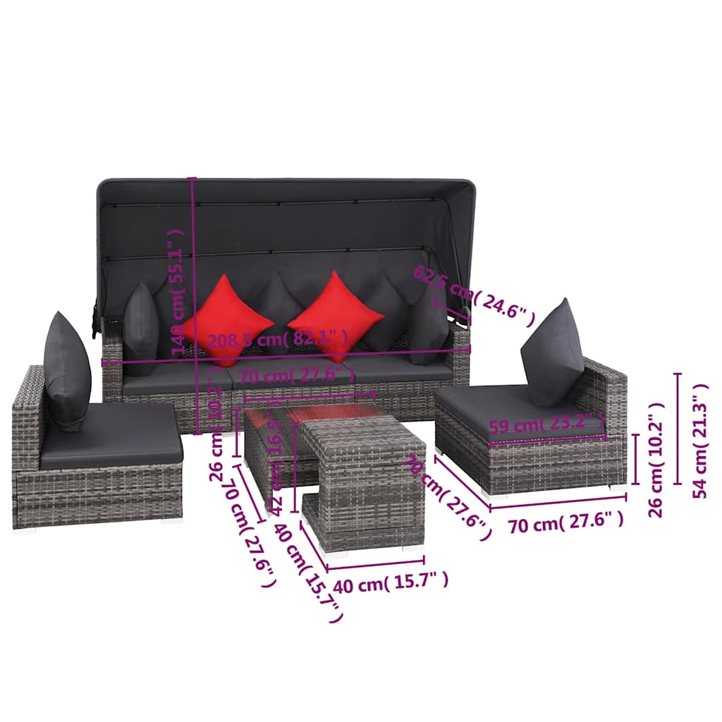 Set Divani da Giardino 7 pz con Cuscini in Polyrattan Grigio | homemem39