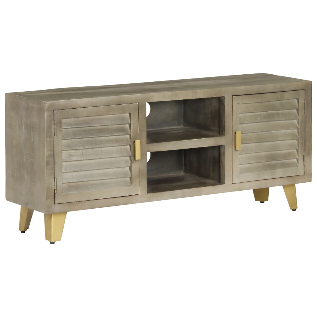 Mobile TV Legno Massello di Mango Grigio e Ottone 110x30x48cm - homemem39
