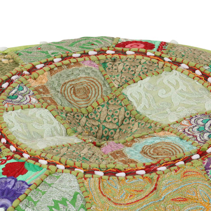 Pouf Patchwork Rotondo Fatto a Mano in Cotone 40x20 cm Verde