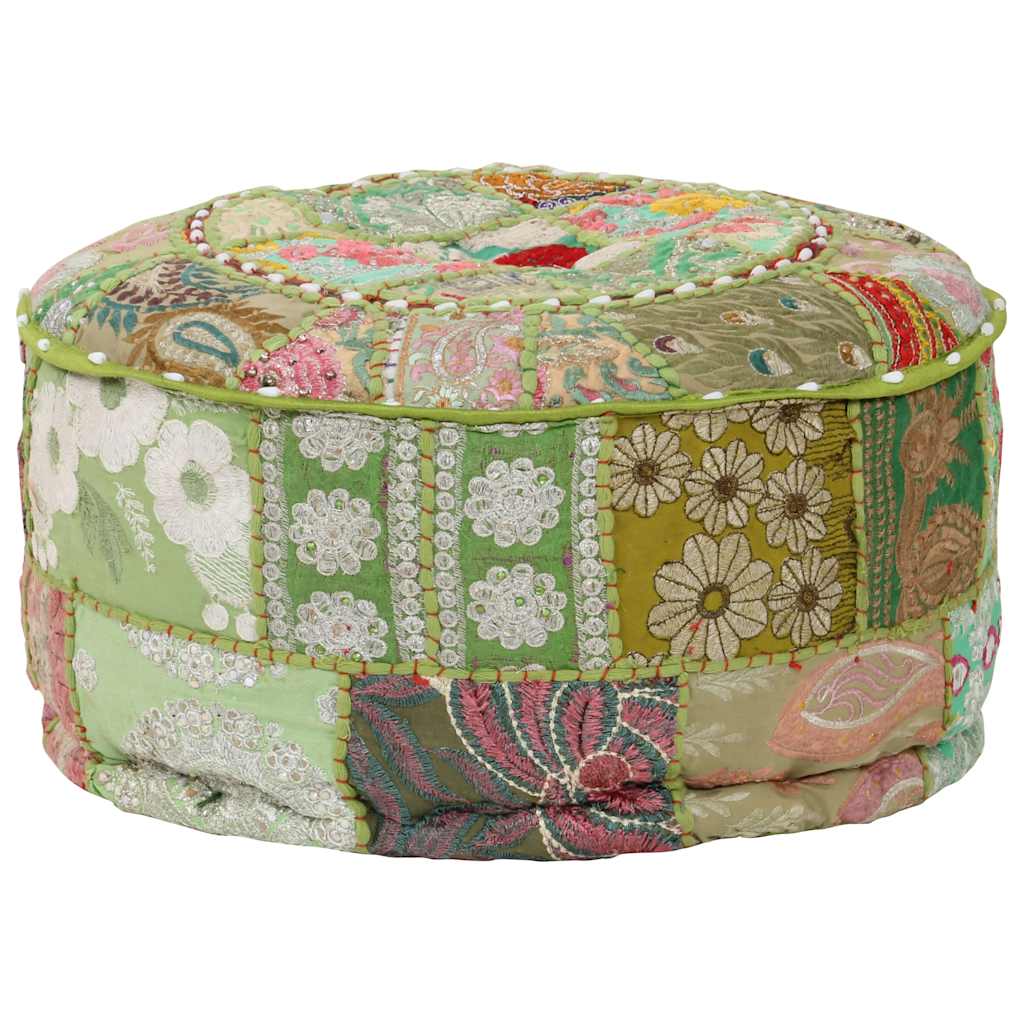 Pouf Patchwork Rotondo Fatto a Mano in Cotone 40x20 cm Verde