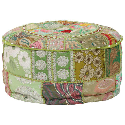Pouf Patchwork Rotondo Fatto a Mano in Cotone 40x20 cm Verde