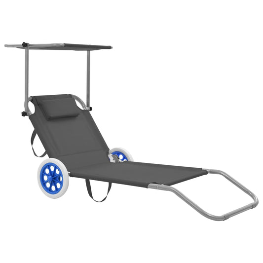 Folding Sun Lounger with Canopy and Gray Steel Wheels