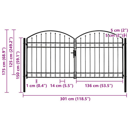 Cancello per recinzione ASSEN a doppia anta con parte superiore ad arco in acciaio 300x125 cm
