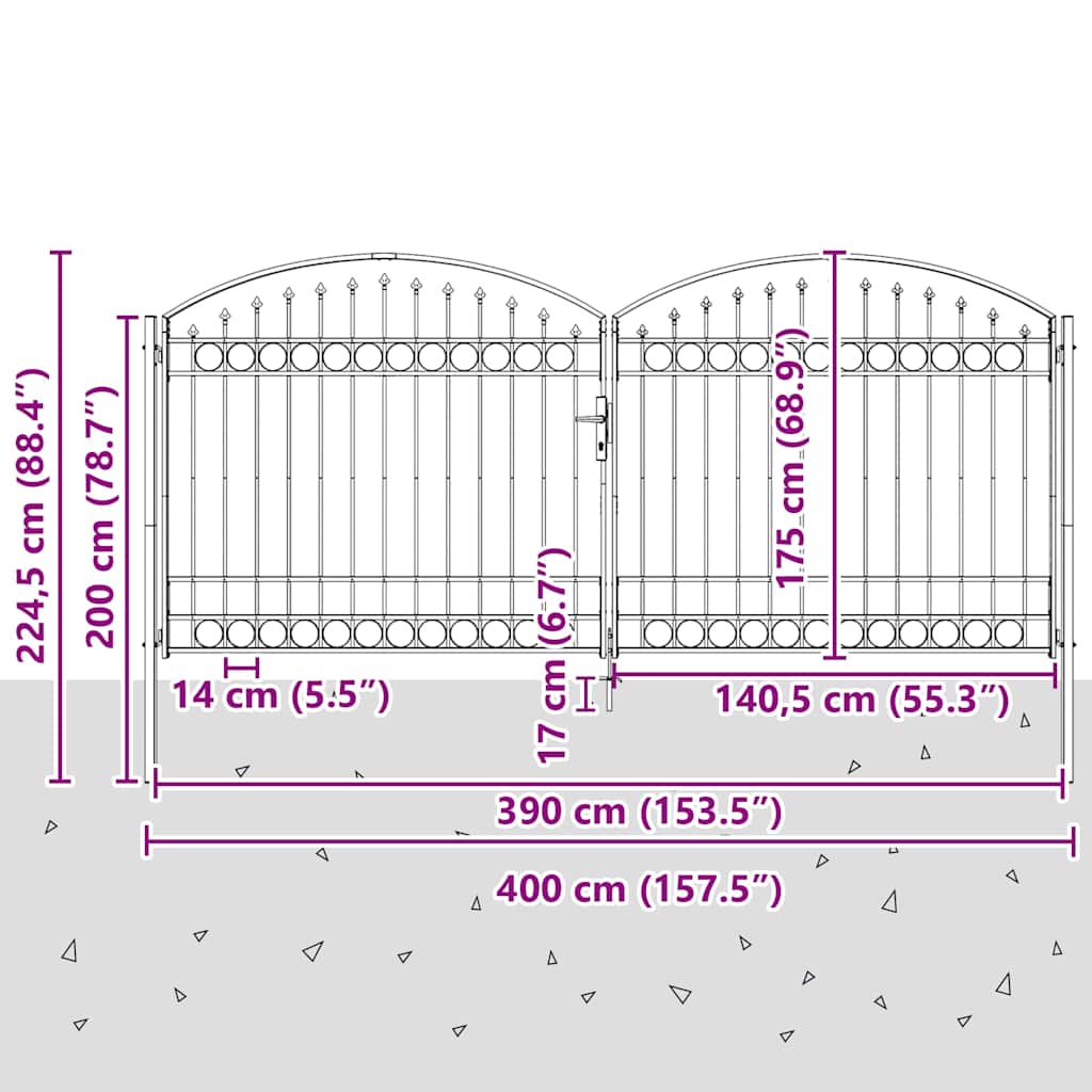 Cancello per recinzione ASSEN a doppia anta con parte superiore ad arco in acciaio 400x175 cm | homemem39