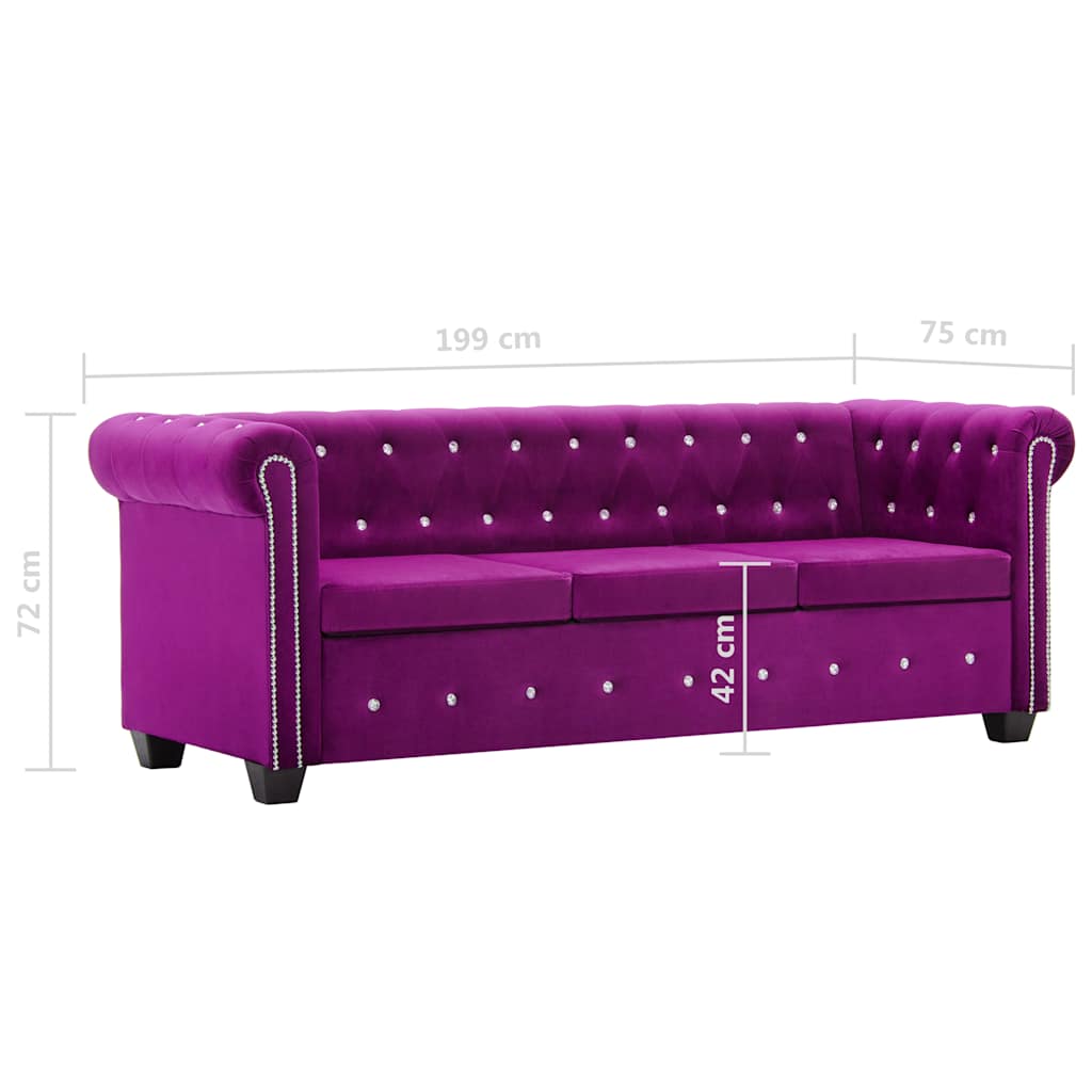 Divano Chesterfield a 3 Posti in Velluto 199x75x72 cm Viola | homemem39