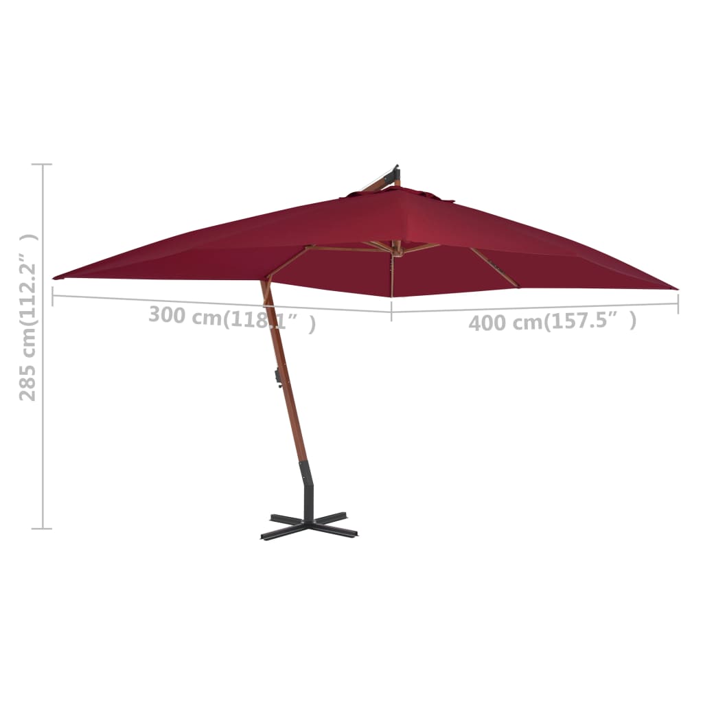 Ombrellone a Sbalzo con Palo in Legno 400x300 cm Rosso Bordeaux | homemem39