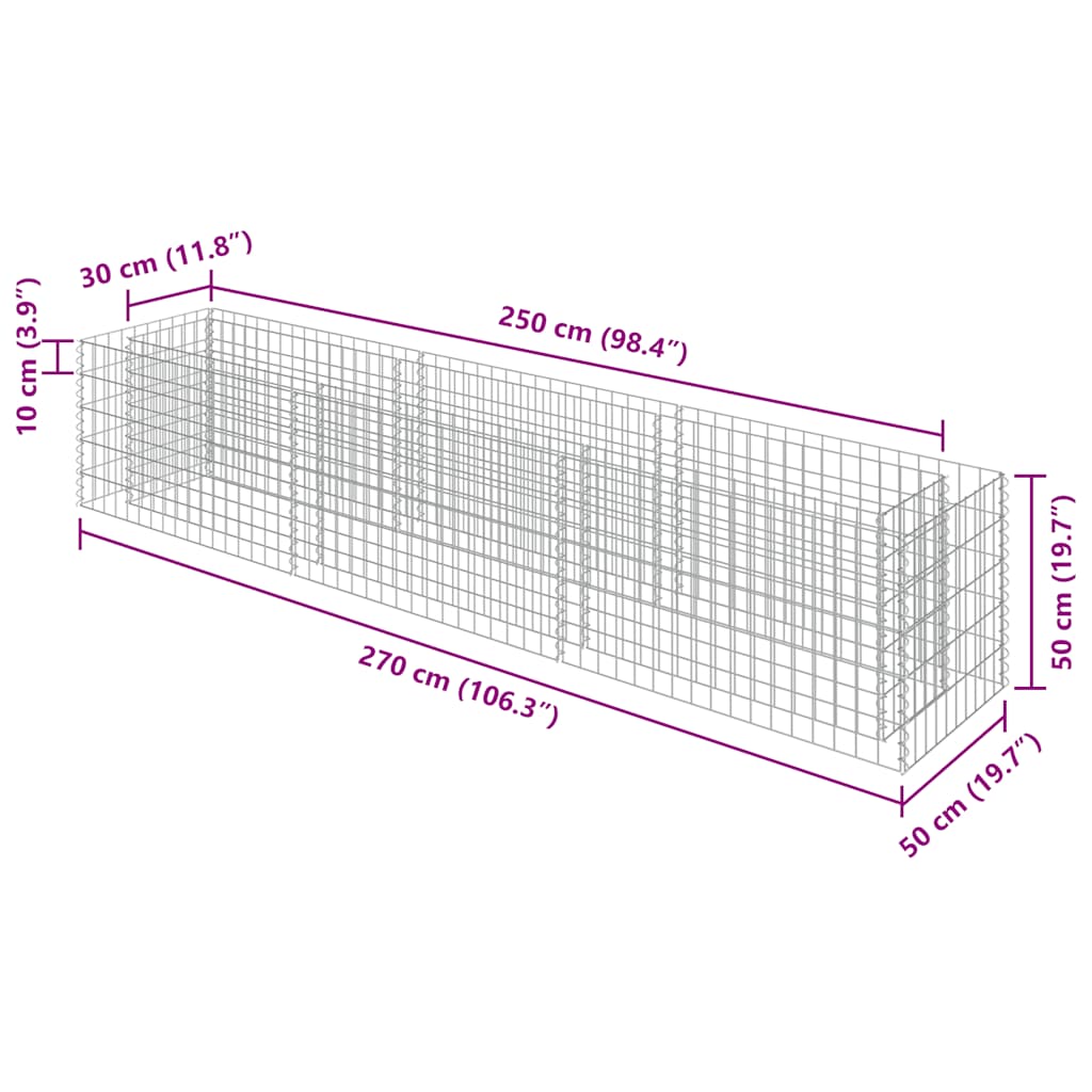 Gabbione Letto Rialzato in Acciaio Zincato 270x50x50 cm - homemem39