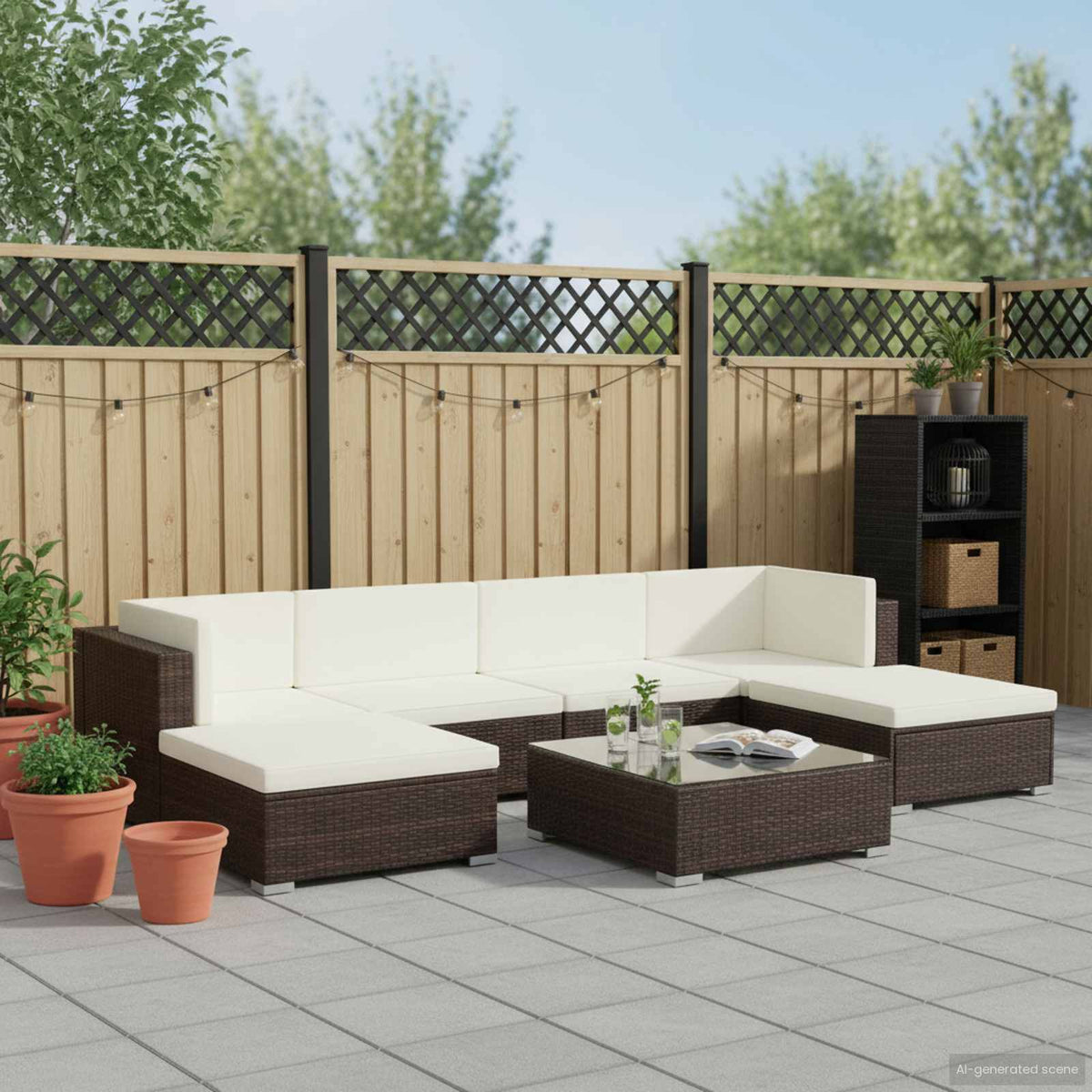 Set Divani da Giardino 7 pz con Cuscini in Polyrattan Marrone