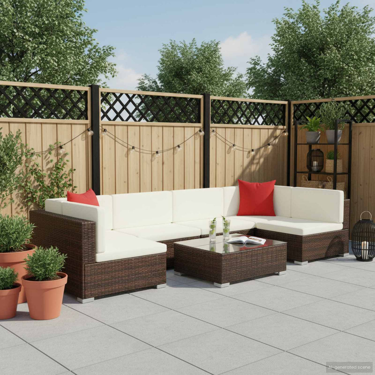 Set Divani da Giardino 7 pz con Cuscini in Polyrattan Marrone