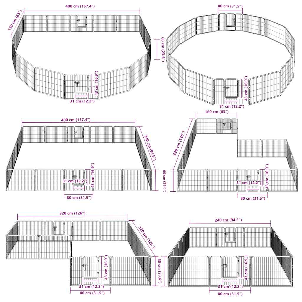 Box per Cani con 16 Pannelli in Acciaio 60x80 cm Nero | homemem39