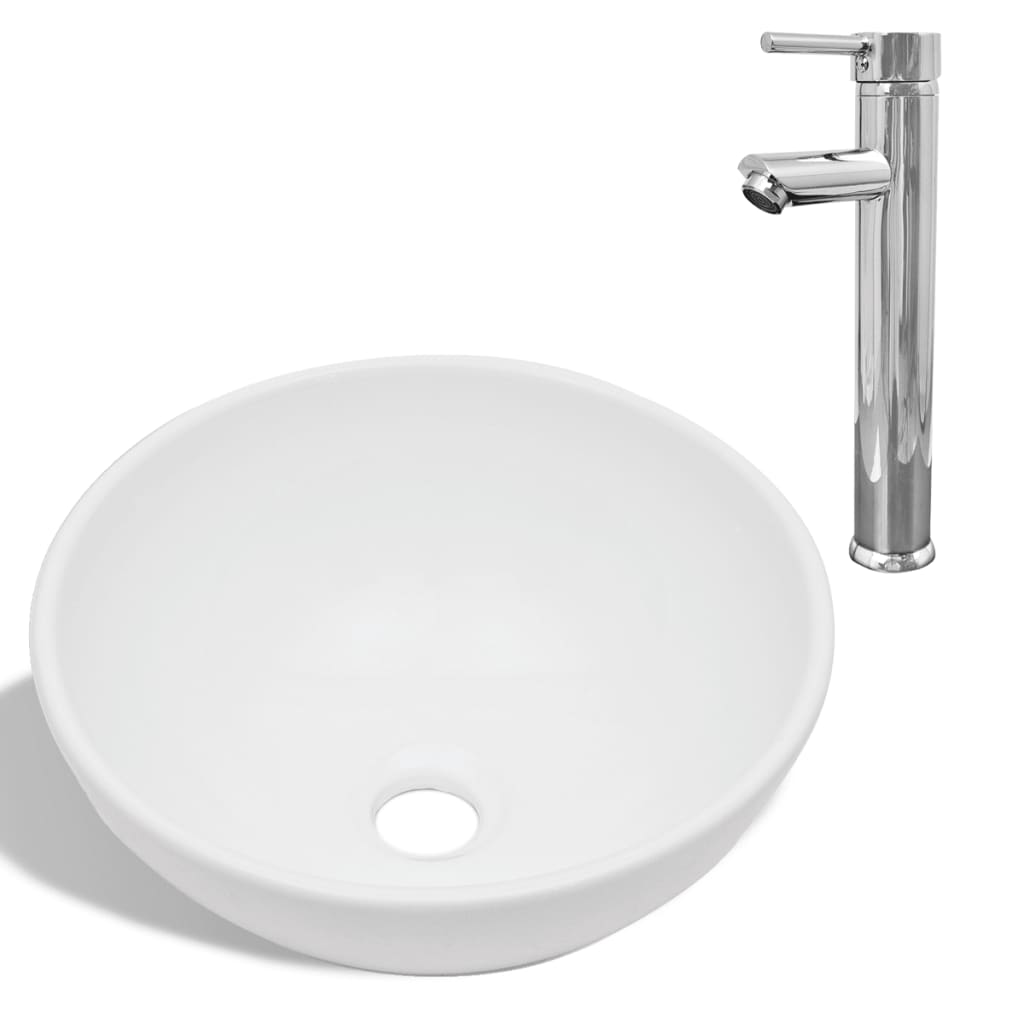Lavello Bagno con Miscelatore in Ceramica Rotondo Bianco - homemem39