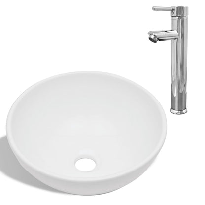 Lavello Bagno con Miscelatore in Ceramica Rotondo Bianco - homemem39