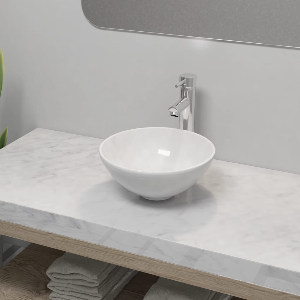 Lavello Bagno con Miscelatore in Ceramica Rotondo Bianco