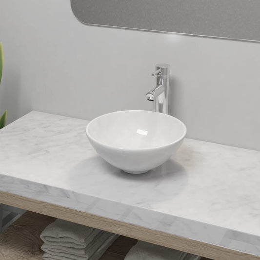 Lavello Bagno con Miscelatore in Ceramica Rotondo Bianco - homemem39