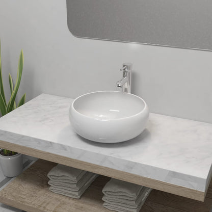 Lavello Bagno con Miscelatore in Ceramica Rotondo Bianco