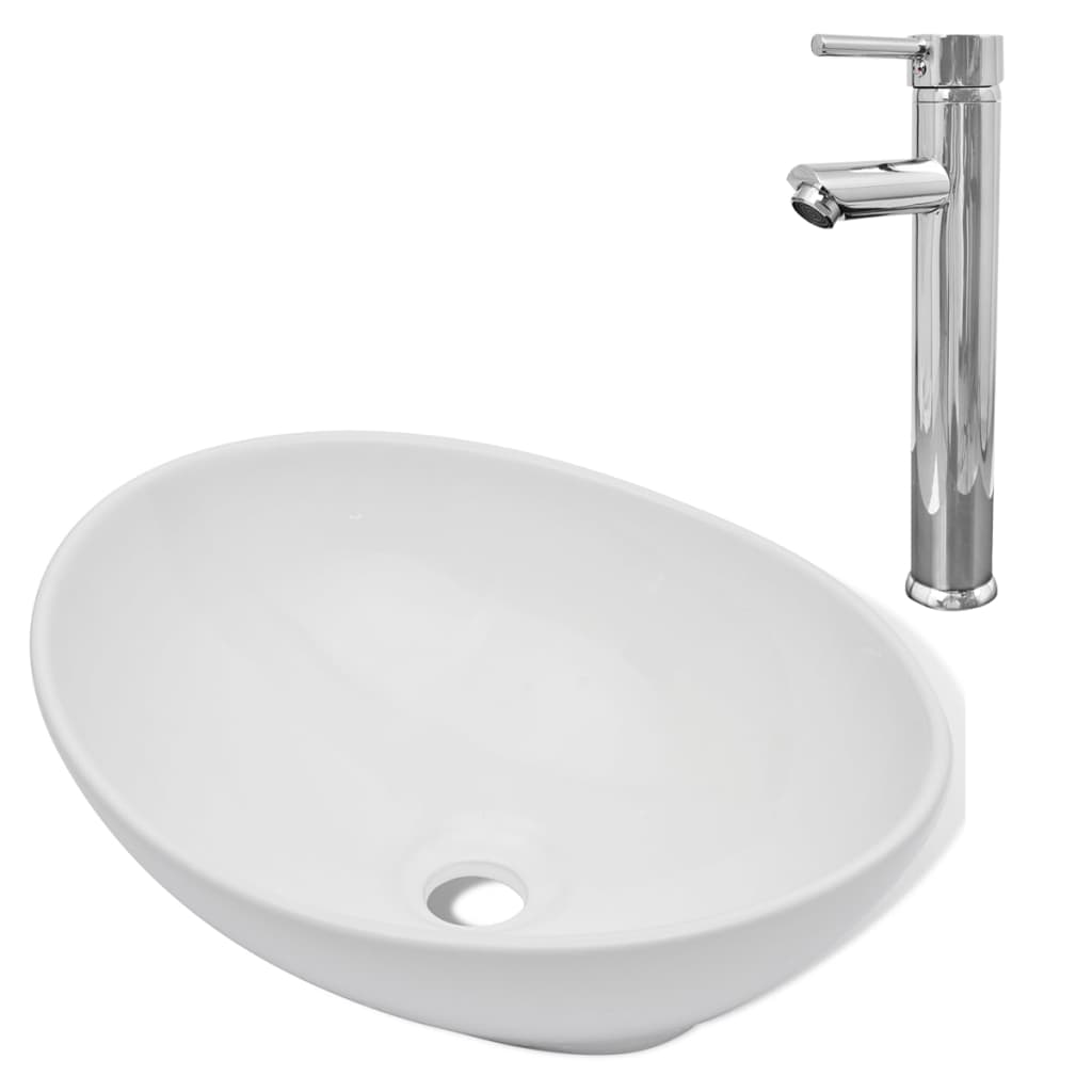 Lavello Bagno con Miscelatore in Ceramica Ovale Bianco - homemem39