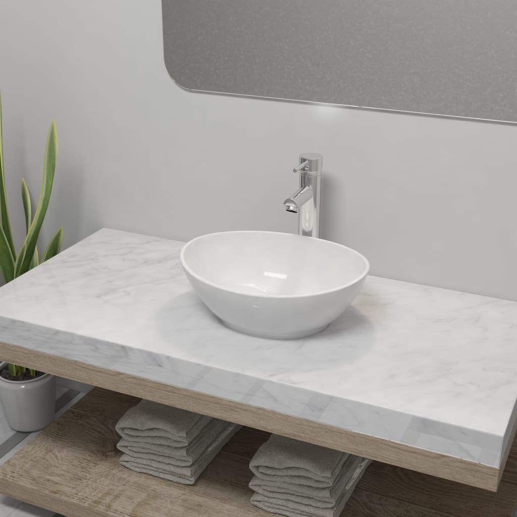 Lavello Bagno con Miscelatore in Ceramica Ovale Bianco - homemem39