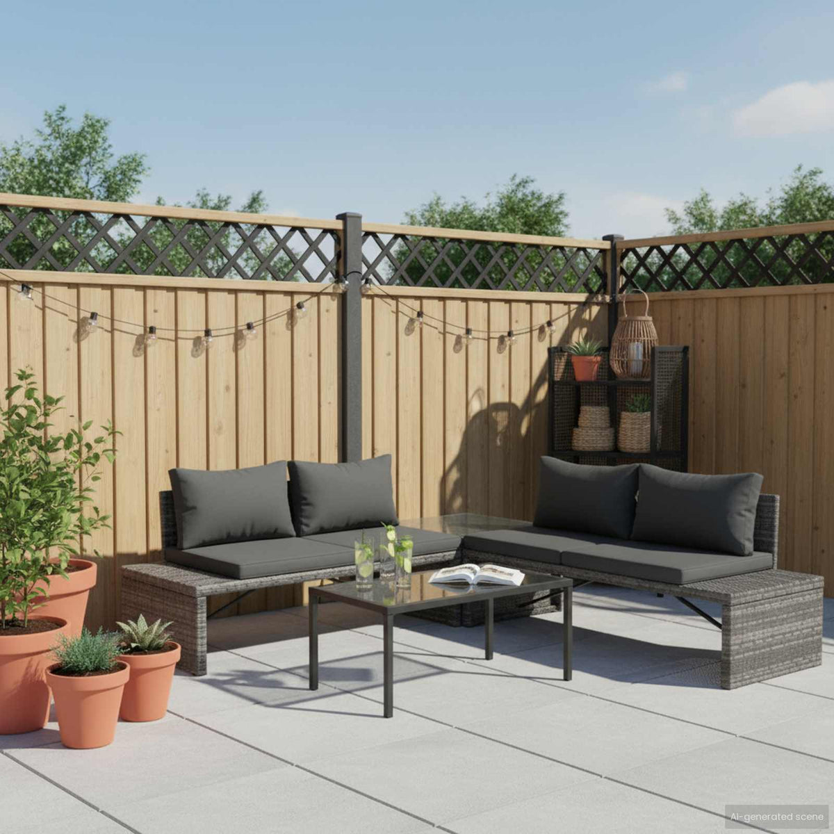 Set Divani da Giardino 3 pz con Cuscini in Polyrattan Grigio