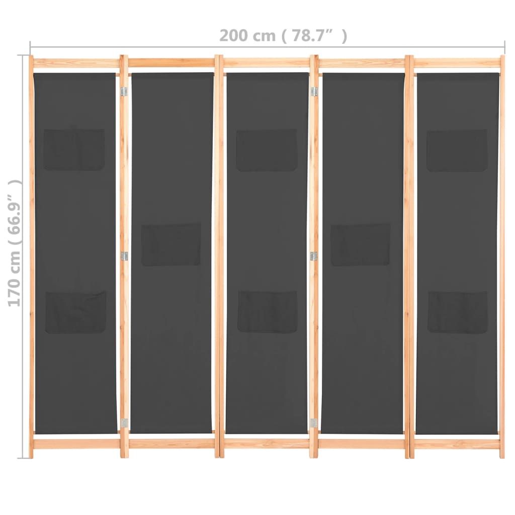 Divisorio a 5 Pannelli Grigio 200x170x4 cm in Tessuto | homemem39