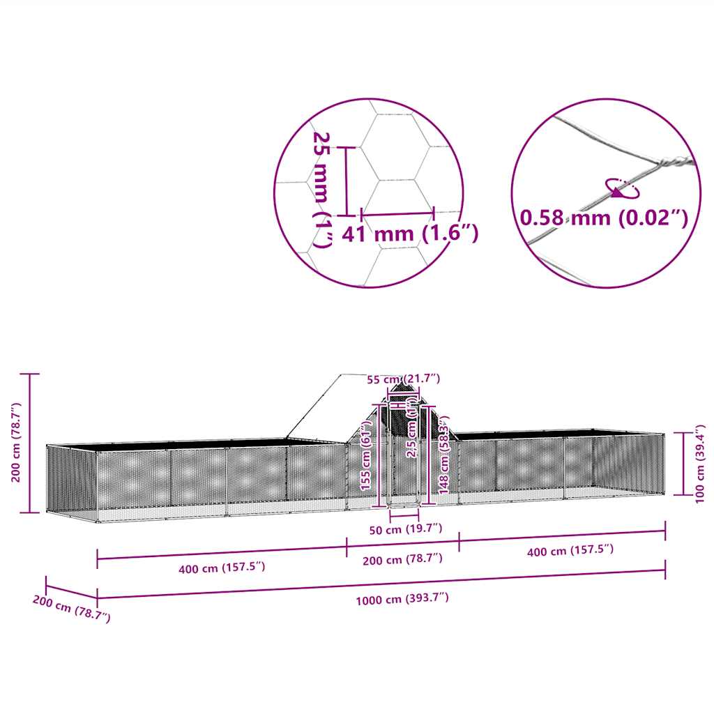 Chicken coop 10x2x2 m in galvanized steel