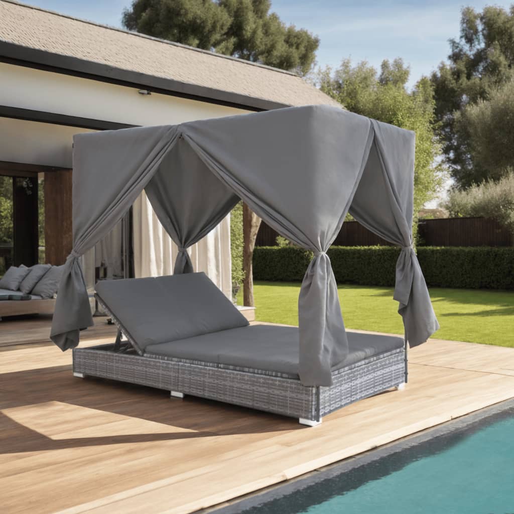 Lettino Prendisole con Tende in Polyrattan Grigio