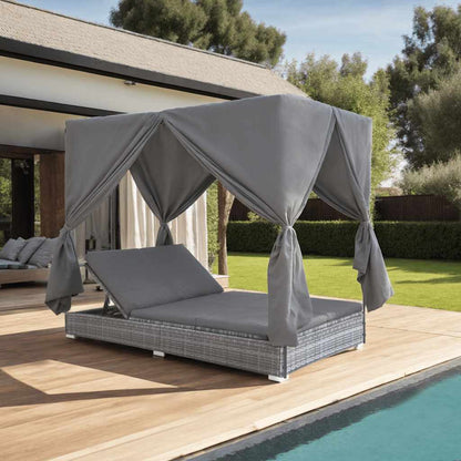 Lettino Prendisole con Tende in Polyrattan Grigio - homemem39