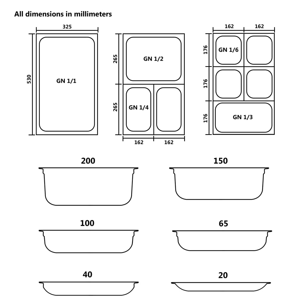 Contenitori Gastronorm 8 pz GN 1/4 100 mm in Acciaio Inox