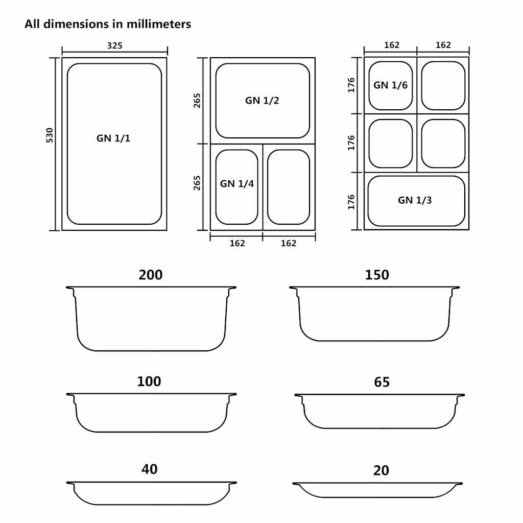 Contenitori Gastronorm 8 pz GN 1/6 200 mm in Acciaio Inox | homemem39