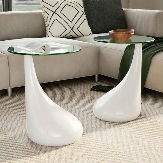 Tavolini da Salotto 2pz con Ripiano Rotondo Vetro Bianco Lucido
