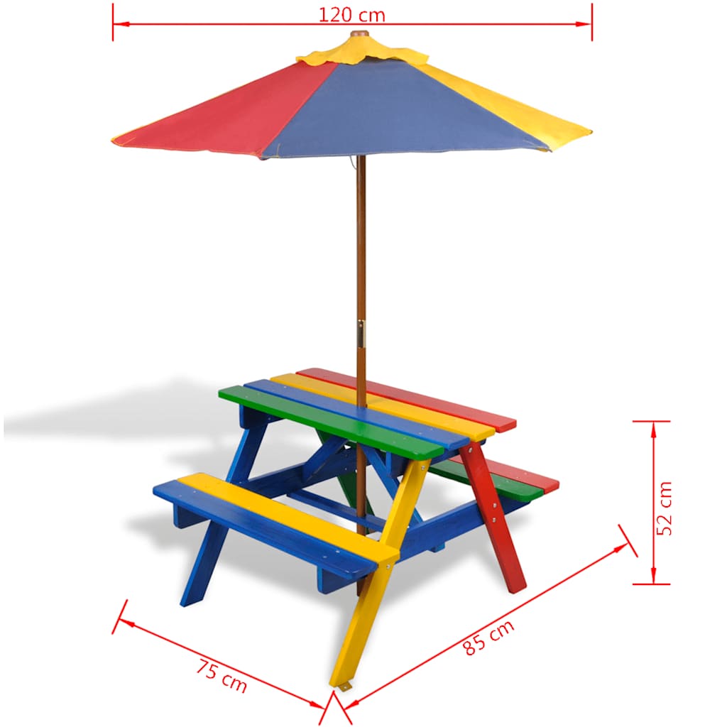 Tavolo e Panchine per Bambini con Parasole Legno Multicolore