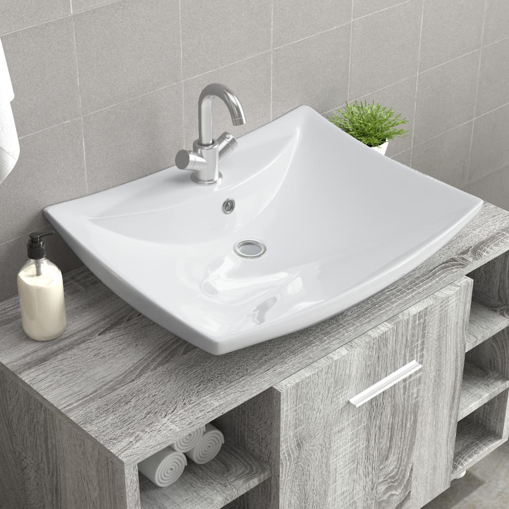 Lavabo Ceramica Lusso Rettangolare Foro di Trabocco e Foro Rubinetto