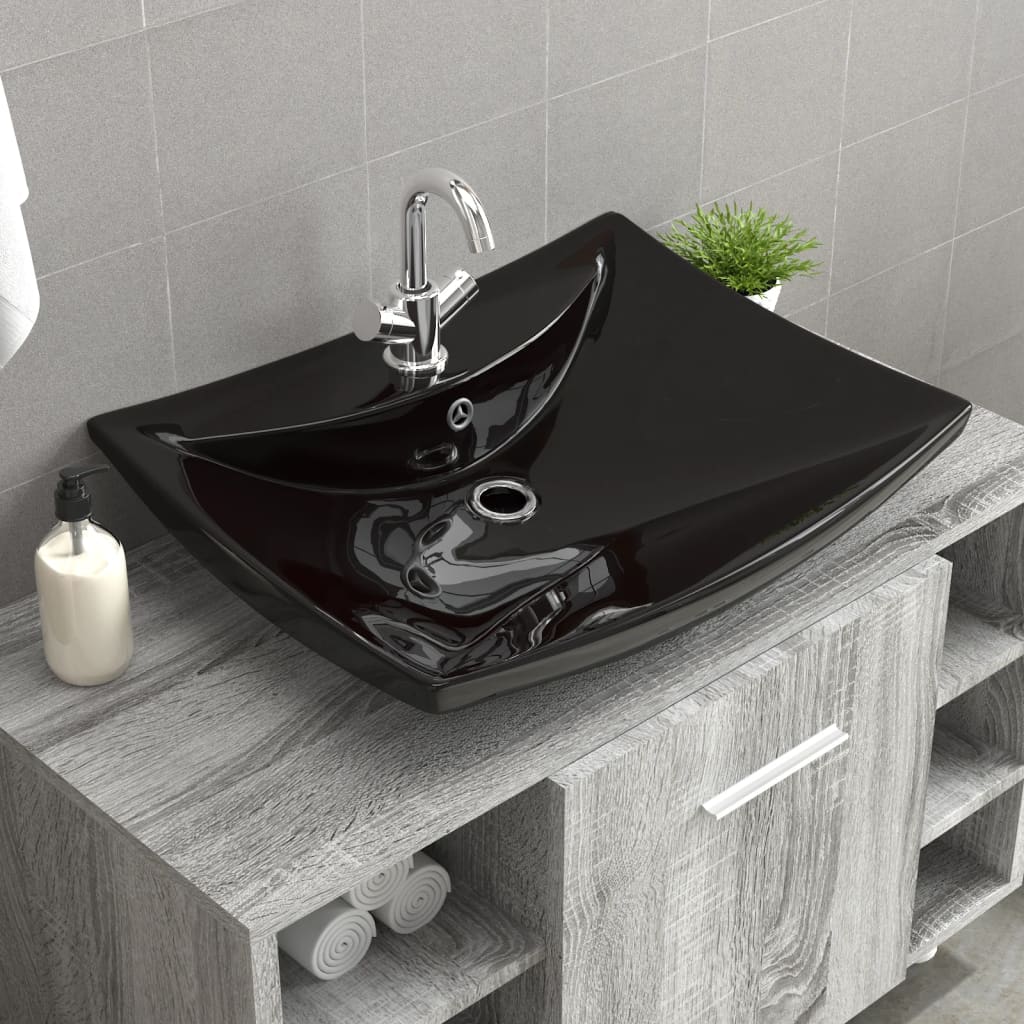 Lavabo Nero Ceramica Lusso Rettangolare Foro Trabocco Foro Rubinetto - homemem39