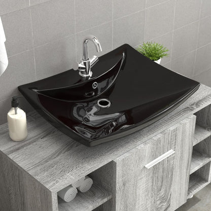 Lavabo Nero Ceramica Lusso Rettangolare Foro Trabocco Foro Rubinetto - homemem39