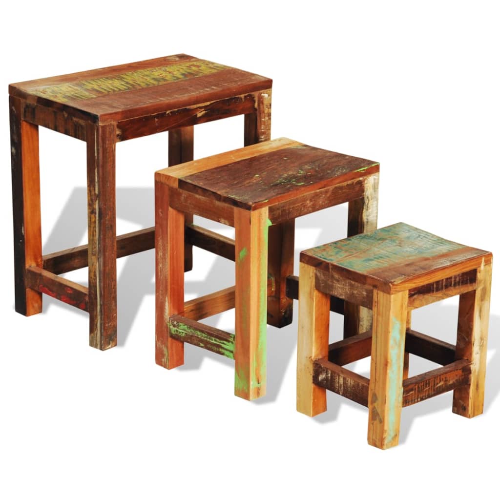 Tavolini Impilabili Set 3 pz in Legno Vintage di Recupero - homemem39