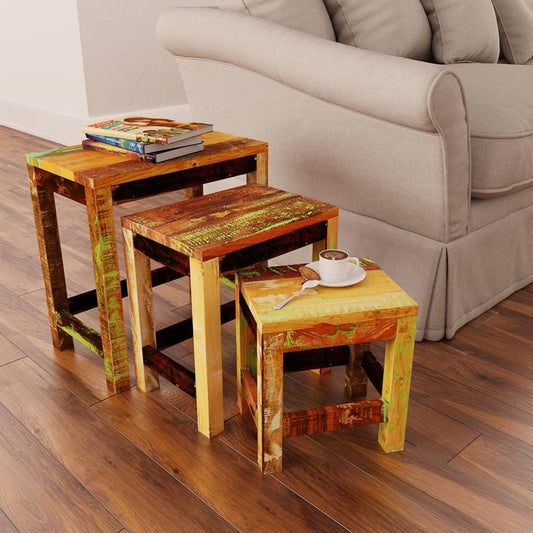 Tavolini Impilabili Set 3 pz in Legno Vintage di Recupero | homemem39
